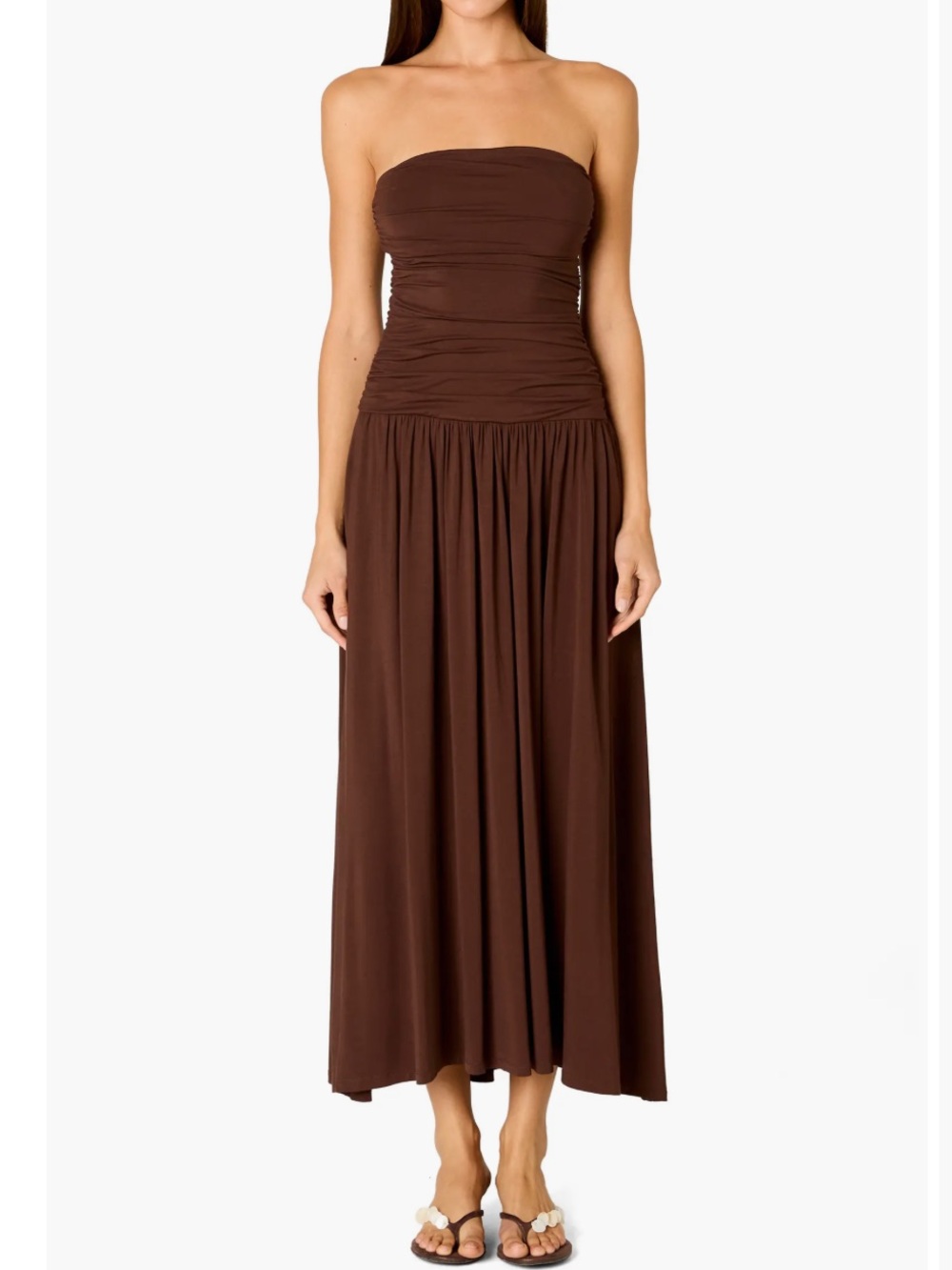 Nia Santal Ruched Strapless Midi Dress